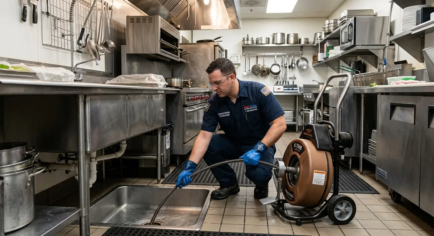 Commercial drain cleaning service in a restaurant kitchen in Canutillo