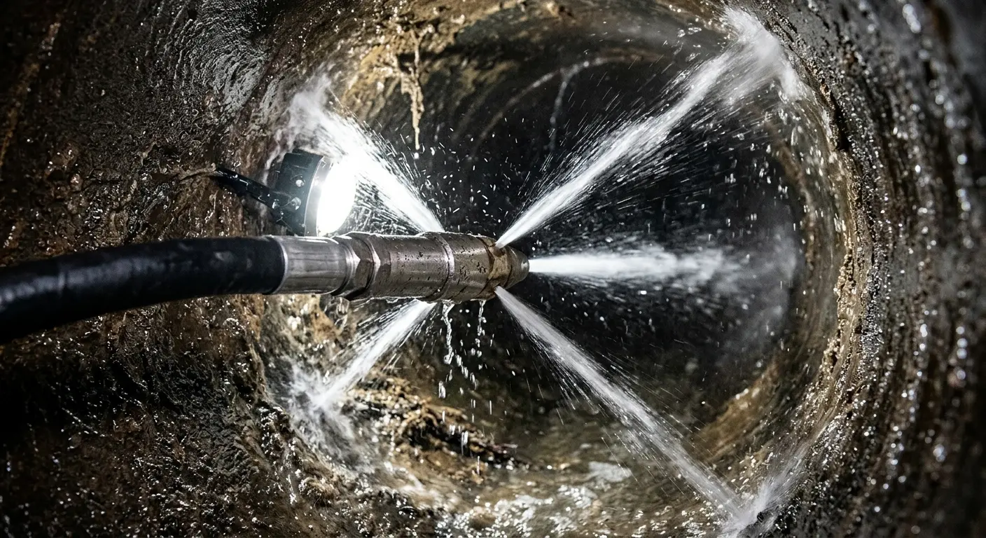 High-pressure hydro jetting nozzle cleaning sewer pipe for Emergency Drain Service in Canutillo