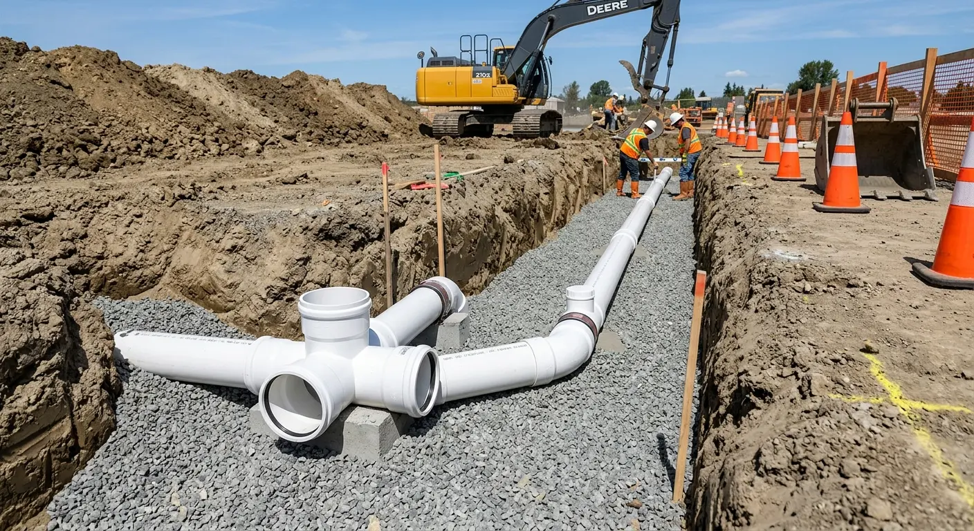 New PVC sewer pipe installation in open trench for Sewer Backup in Canutillo
