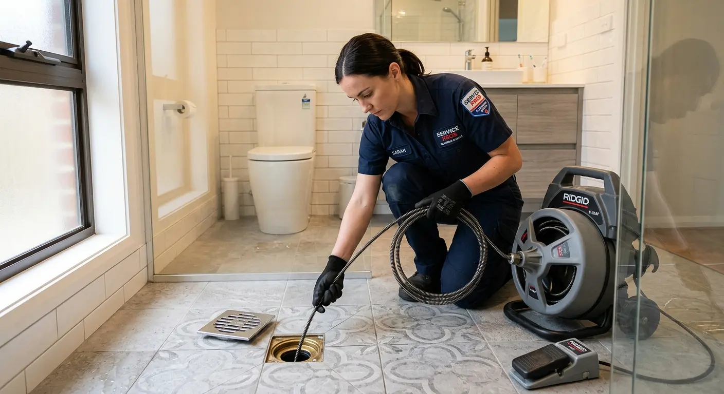 Technician clearing a bathroom floor drain for Clogged Drain Repair in Canutillo